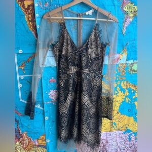 Luxxel Black Lace Overlay Dress with Nude Underlay and Sheer Sleeves